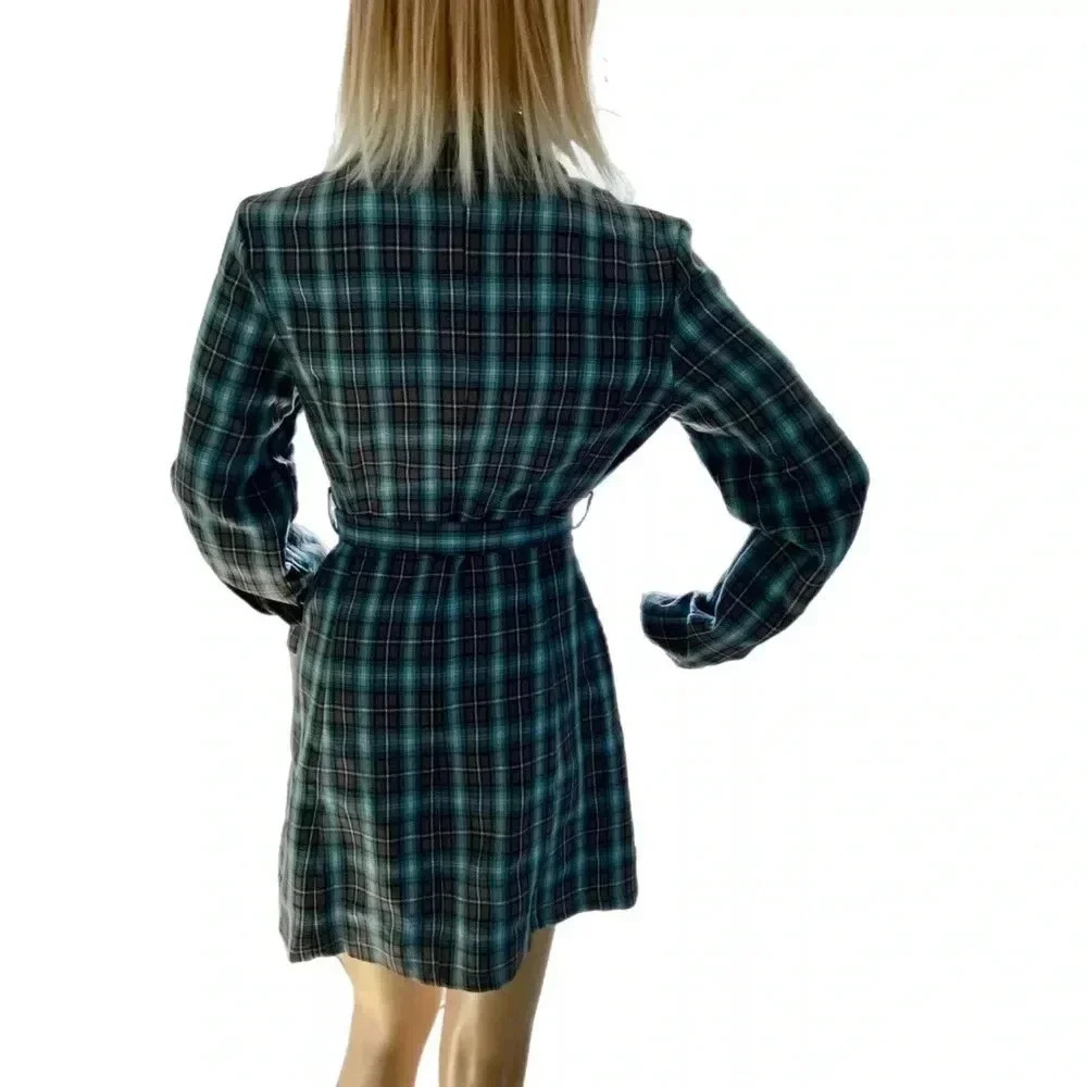 NLW Dress Womens Small Blue Checkered Navy Dress Waist Belt Long Sleeve - Picture 6 of 10